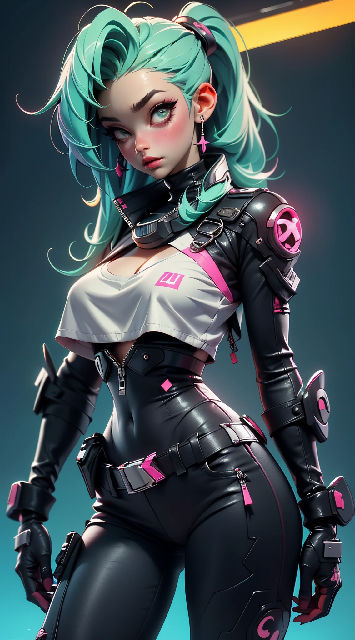 ((La mejor calidad en el mejor de los casos., mejor resolución, retrato premiado, arte oficial)), ((obra maestra perfecta)), ((actual)) y fotografías súper detalladas de chicas nerds cyberpunk con matices góticos y post-apocalípticos.. ella esta teniendo ((Cabello largo color menta)), vestido (Top de ropa tecnológica cyberpunk estilo Harajuku) Y uno más (Harajuku Style Cyberpunk Tech Clothing Bottoms:1.2) , ((La estética más bella y sexy.)), sexy para, super enorme enorme , exhibición de escote, caliente, sexy para