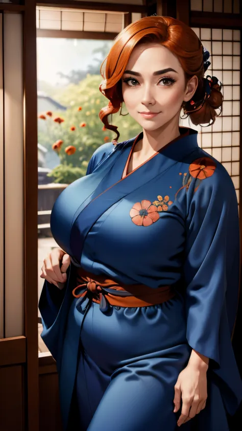 a picture of (1 woman), a 40-year- old Scottish woman, in a classic Japanese wooden house, wearing a loose blue silk kimono with...