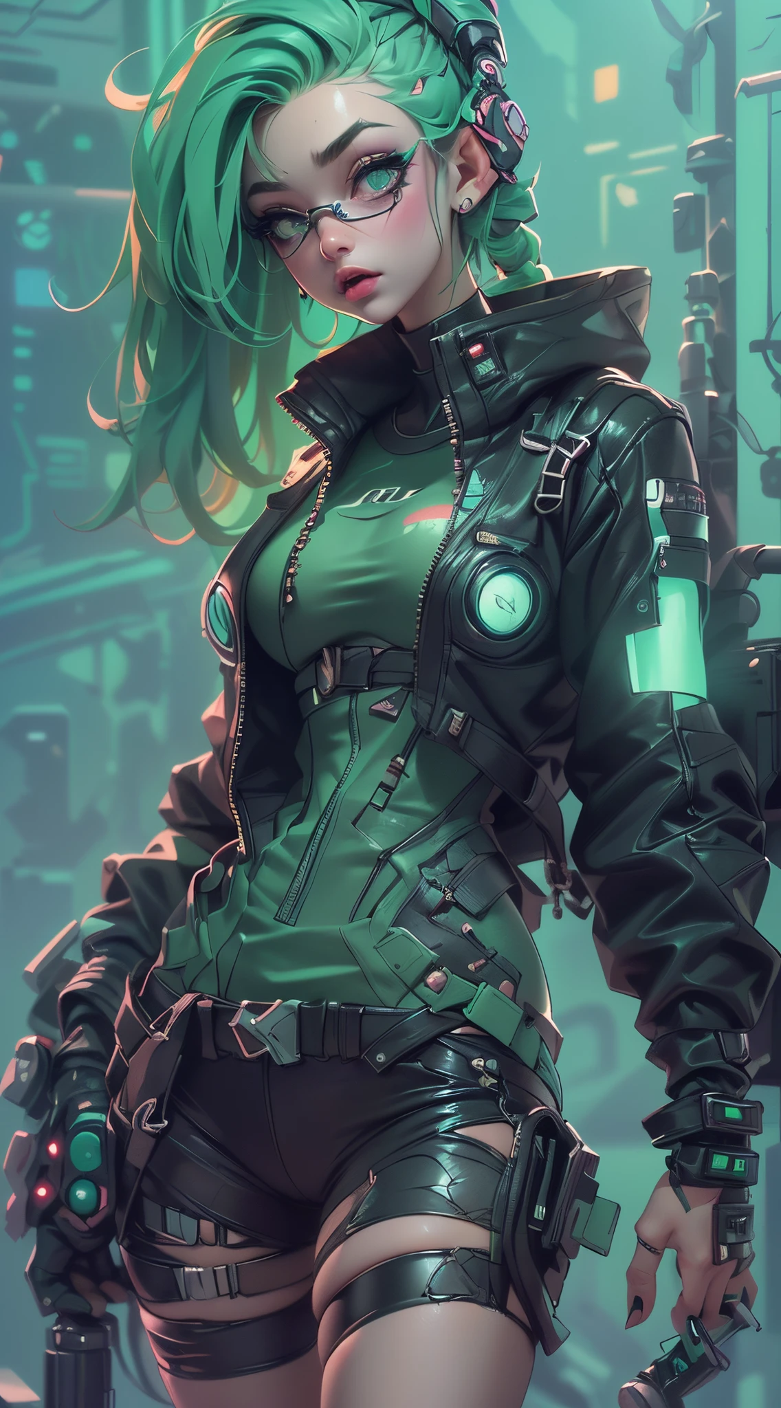 ((Best quality, Best resolution, award winning portrait, offcial art)), ((Perfect masterpiece)), ((actual)) and super detailed photography of 1nerdy cyberpunk girls with gothic and post-apocalyptic overtones. She's having ((Long mint-colored hair)), dressed in （Cyberpunk tech clothing top) And one more (Cyberpunk technical clothing bottoms:1.2) , ((The most beautiful and sexy aesthetic)),