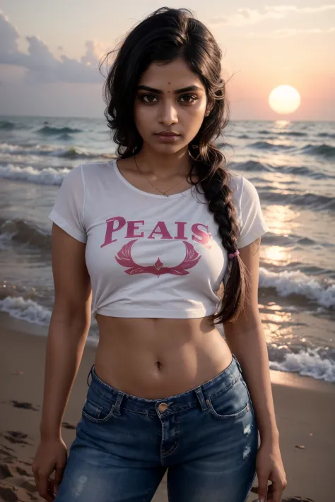 30 year old indian woman, sexy shirt and short jeans, long dense braided hair, tropical sea beach, ultra realistic, realism, cute, charming, dusk time, sunset, tattooed hands, medium height, big eyes, sexy, ambient lighting, perfect anatomy, detailed body,...