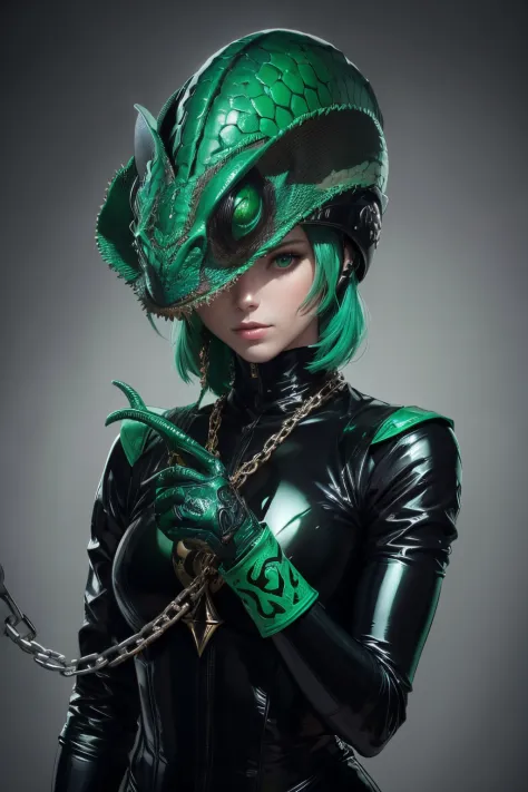A helmet with a chameleon motif. woman. She is wearing a black latex suit. Striking decoration.chain and sickle. Alchemy style e...