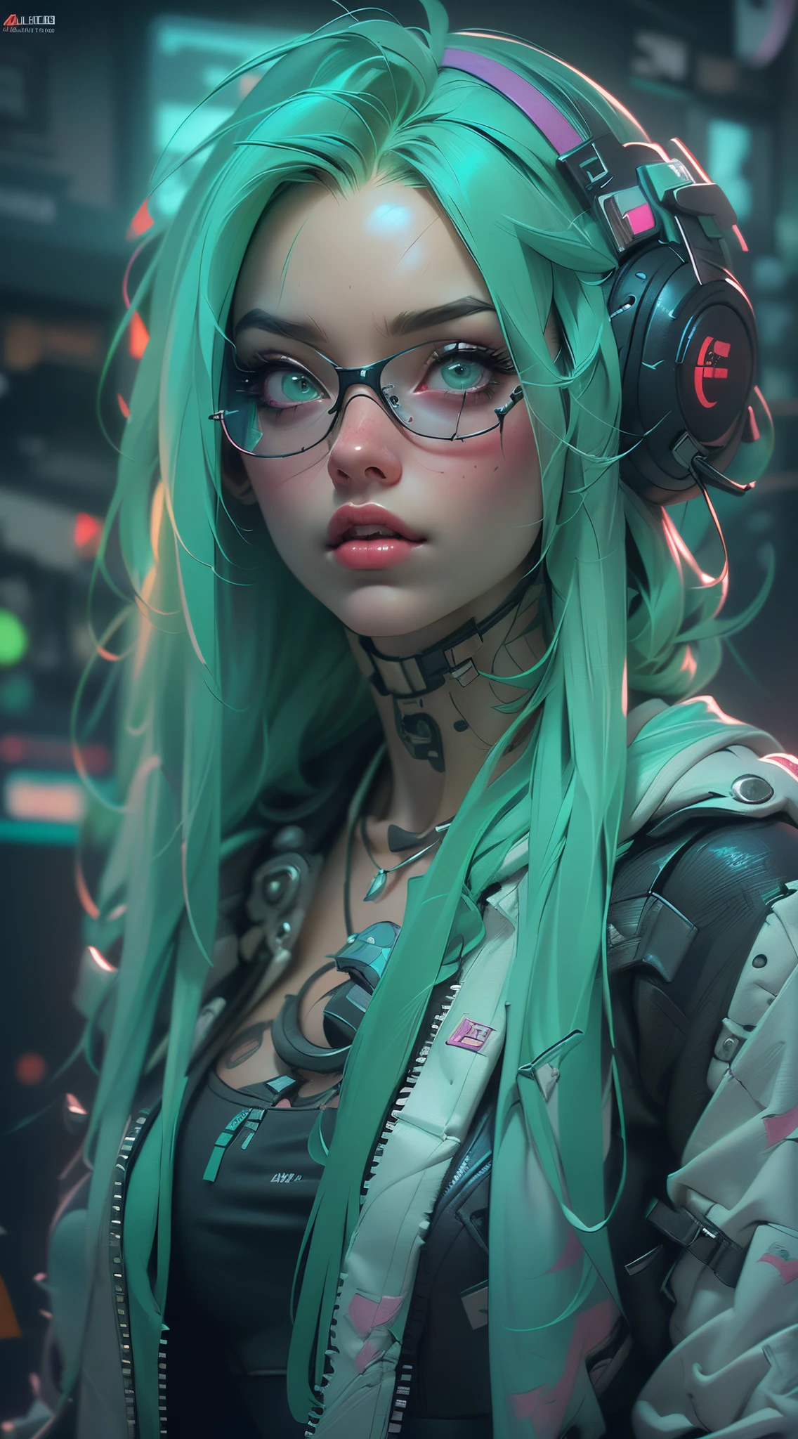 ((Melhor qualidade na melhor das hipóteses, melhor resolução, retrato premiado, arte oficial)), ((obra-prima perfeita)), ((real)) e fotografia super detalhada de garotas nerds cyberpunk com tons góticos e pós-apocalípticos. Ela está tendo ((Cabelo comprido cor de menta)), vestido com （Top de roupas tecnológicas Cyberpunk) E mais um (Calças de roupa técnica Cyberpunk:1.2) , ((a estética mais linda e sexy)),