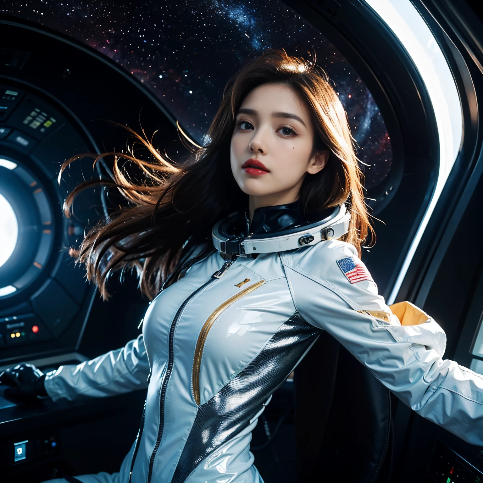 Arafed woman in a space suit sitting in a spaceship - SeaArt AI