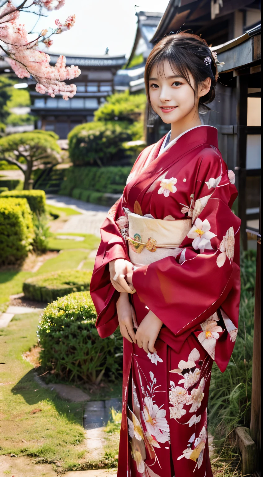 (red kimono:1.2)、(Kyo-Yuzen:1.2)、(Floral pattern in Japanese style:1.0)、(furisode:1.5)、(Japanese traditional classic pattern:1.2)、or、(top grade)、One woman、sixteen years old、full body Esbian、A darK-haired、(reallistic:1.7)、((Top image quality))、absurderes、(超A high resolution)、(Photorealsitic:1.6)、Photorealsitic、octane renderings、(hyper realisitic:1.2)、(photorealiscic face:1.2)、(8K)、(4K)、(​masterpiece)、(realistic skin textures)、(illustratio、Cinematographic lighting、wall-paper)、(beautidful eyes:1.2)、((((face perfect))))、(Cute face like an idol:1.2)、(is standing)、shrines、tori ready、(1 moon)、Detailed cute face、Realistic Beauty、A smile、