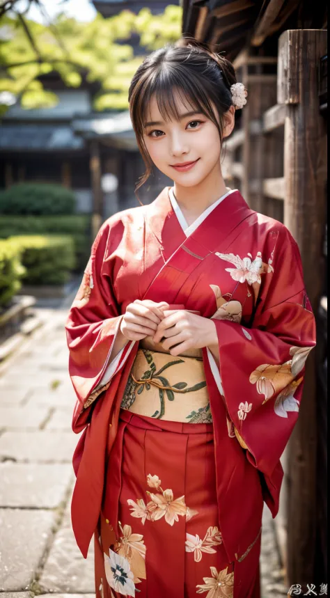 (Red kimono:1.2)、(Kyo-Yuzen:1.2)、(Floral pattern in Japanese style:1.0)、(Furisode:1.5)、(Japanese traditional classic pattern:1.2...