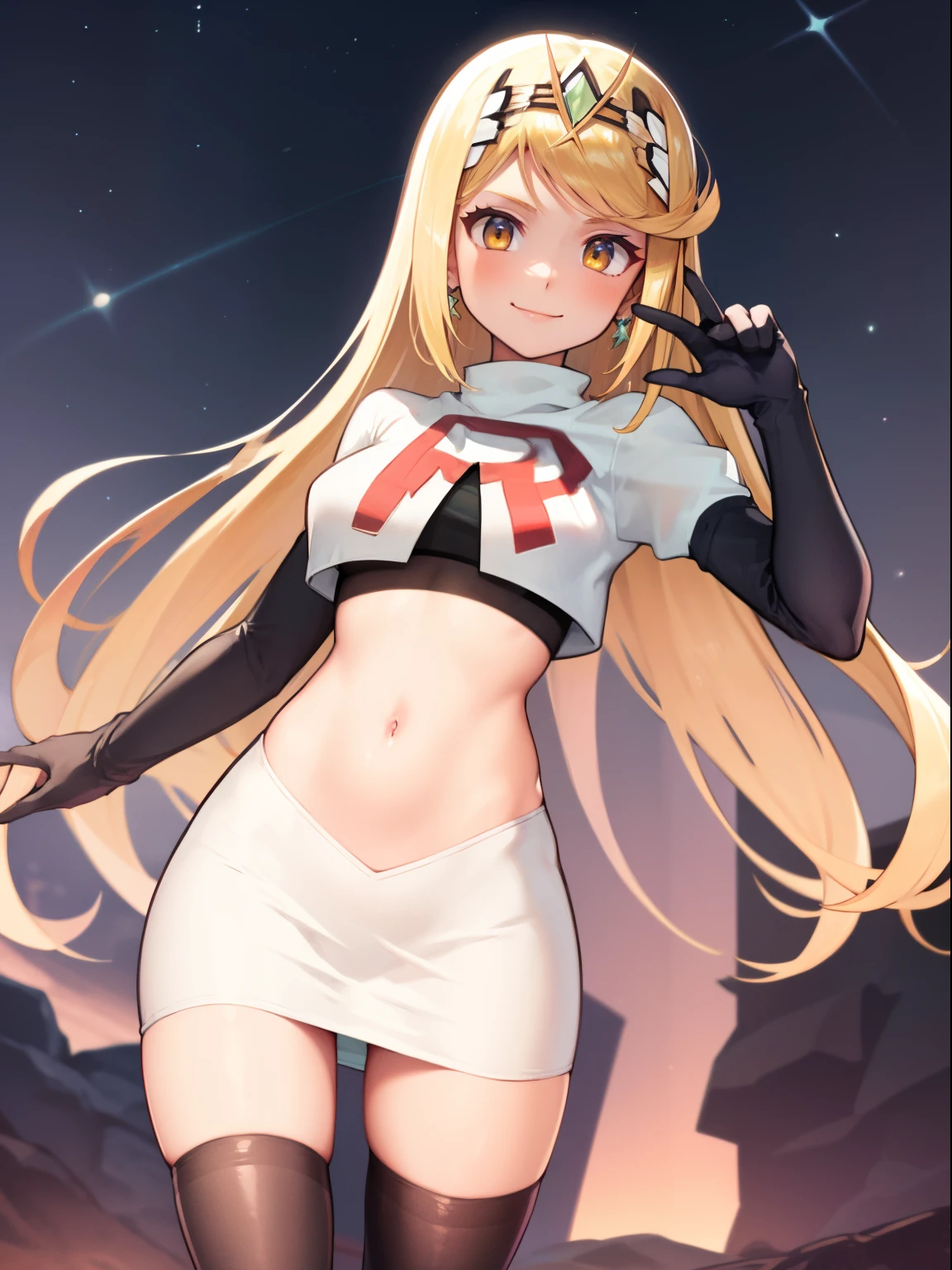 mythra \(xenoblade\), blond hair, yellow eyes, team rocket uniform, red letter R, white skirt,white crop top,black thigh-high boots, black elbow gloves, smile, looking at viewer, cowboy shot, sexy pose, night sky background