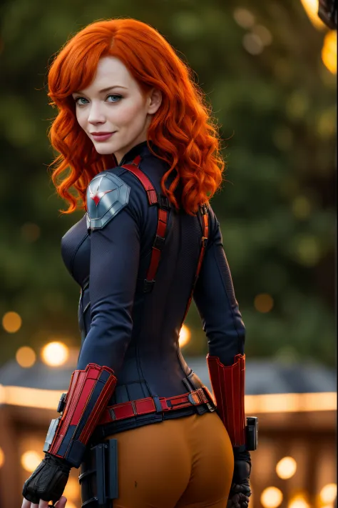 Young 25 year old Christina Hendricks as Black Widow from marvel comics, sly smile, perfect hands, high detail face, pale fair d...