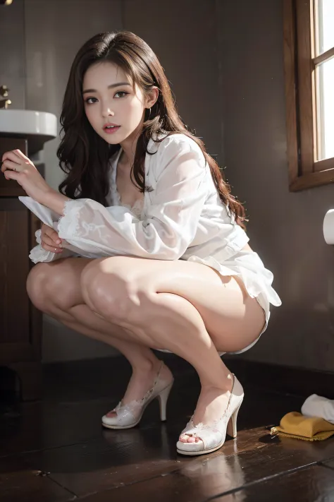 ((Girl squatting and urinating in the toilet))、With a sexy look like Sharon Stone、Squatting facing the front。Brown hair and toned abs。Spread your legs in an M shape,、Fold your hands behind your back.。She wears a white blazer and a white skirt.。((Translucen...