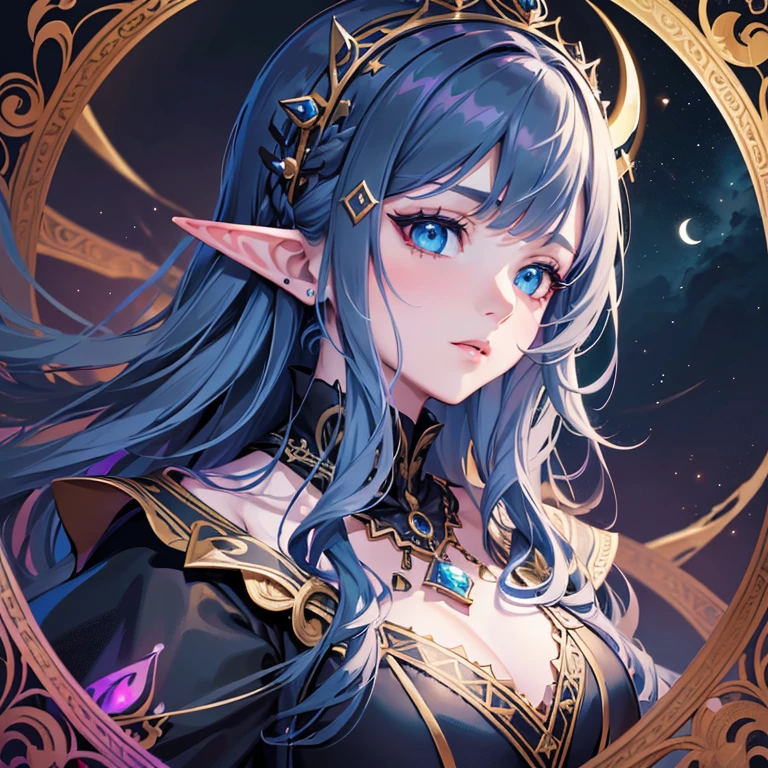 (Masterpiece), ((Highest Quality)),(Official Art),Beautifully Indulgent:1.2),(Dress, epic fantasy),(1 Girl: 1.3), A beautiful woman wearing a gothic Lolita's Black Dress with a detailed frills, , shines faintly in the light of the midnight moon,  parted bangs Tucked Behind pointed Ears, blue hair, half-elf, wizard, greatcoat with colorful African Print, intelligent, night, darkness, Detailed drawing. Bright colors. Colorful, best detailed ((super detailed)), (highly detailed 2D illustration), ((very delicate and beautiful))   WitchcraftPunkAI