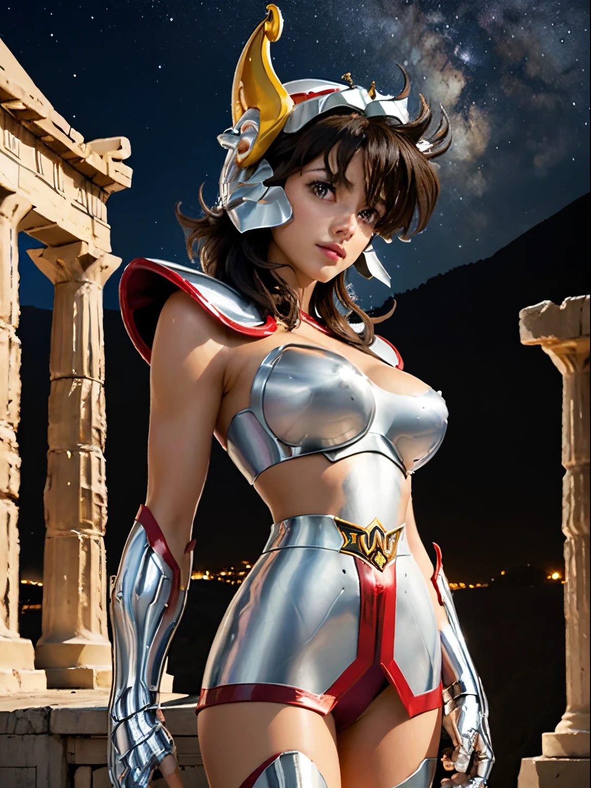 masterpiece, best quality, ultra high res, realistic skin texture,silver armor, armature, (photorealistic:1.4), high resolution, raw photo, 1 girl, shiny skin, (detail skin:1.2), realistic skin texture, best lighting, wearing red panty, (perfect breast:1.3), sparkle, mecha armor, (short hair:1.2), (Pegasus Seiya:1.2), wearing a winged helmet, dramatic lighting, dynamic pose, (greek temple background:1.3), night sky, cosmos, milky way,