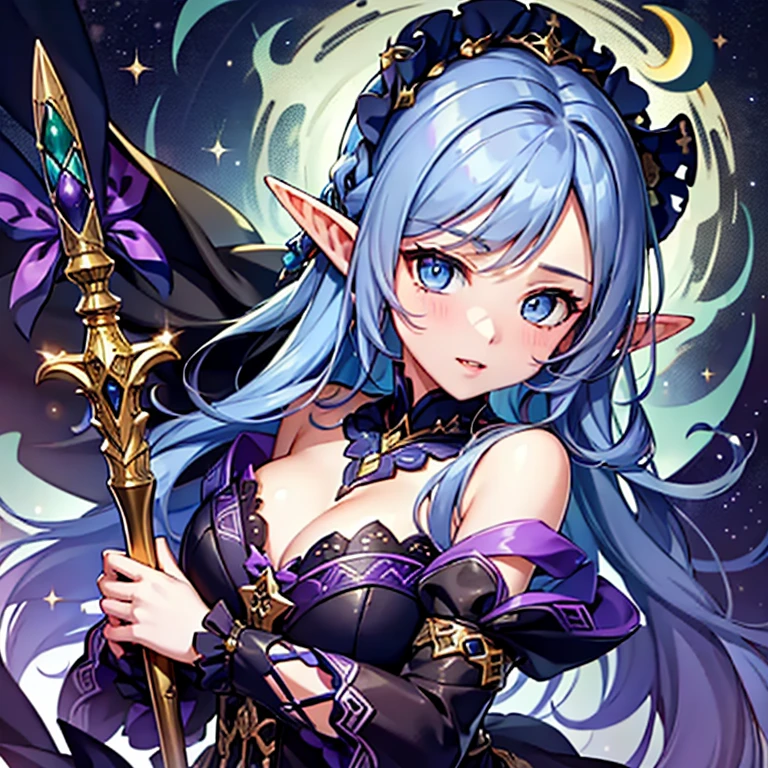 (Masterpiece), ((Highest Quality)),(Official Art),Beautifully Indulgent:1.2),( epic fantasy),(1 Girl: 1.3), (A beautiful woman wearing a gothic Lolita's Black Dress with a detailed frills), , shines faintly in the light of the midnight moon,  short shoulder-length haircut,  parted bangs Tucked Behind pointed Ears, dark blue hair, very light eyes color, half-elf, wizard, ((greatcoat with colorful African Print)) ,royal victorian rpg clothing,  intelligent, night, darkness, Detailed drawing. Bright colors. Colorful, best detailed ((super detailed)), (highly detailed 2D illustration), ((very delicate and beautiful))   WitchcraftPunkAI, holographic  low poly magic aura, bare collarbones, lightsmile, splash art, Two magic staffs behind back, plump lips,