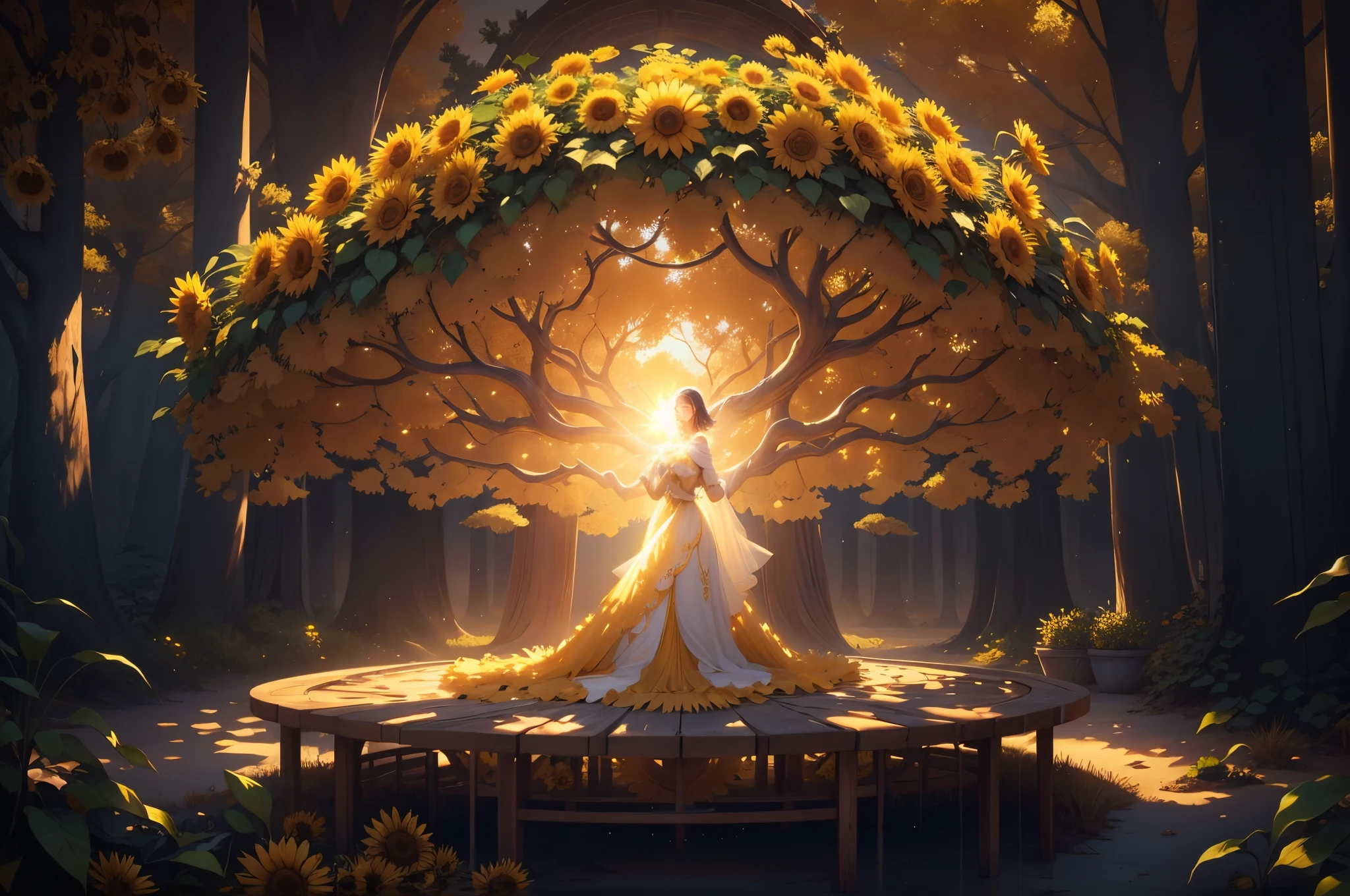 A woman wearing sheer gossamer stands under the towering sunflower tree, her gaze fixed on the intricate patterns of the branches above. The bright white sands beneath her feet seem to glow in the warm sunlight, while the endless blue sky stretches out above her. The scene is bathed in a golden light, as if the sun itself has bestowed its 24k blessing upon this tranquil moment.