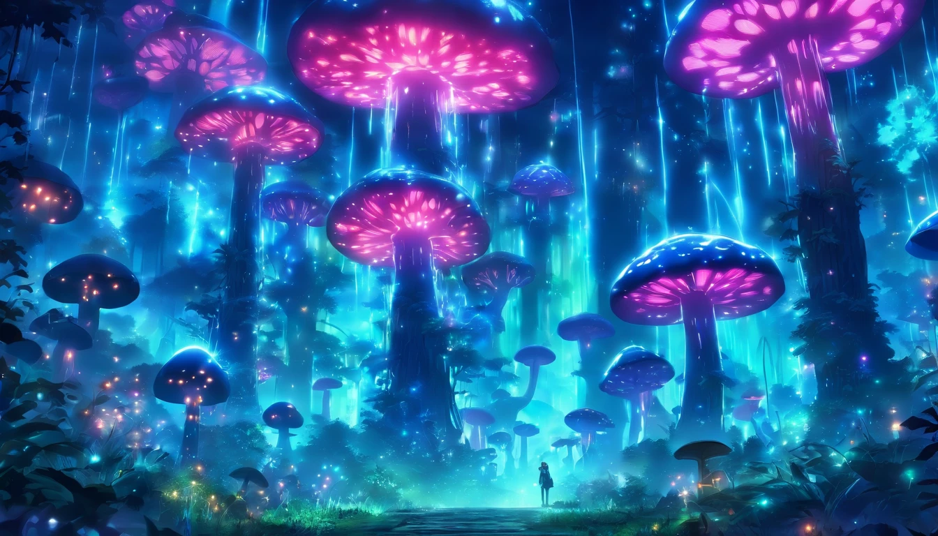 (masterpiece, best quality), a scenery of giant bioluminescent mushroom forest, legendary, vibrant, enchanting, peaceful