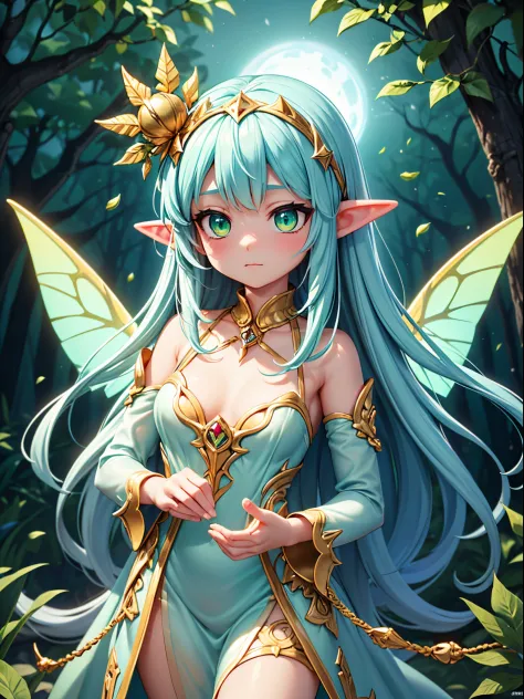 (a close-up medium portrait of a graceful Fae with green eyes, light blue long hairs and elf ears, wearing a green light luminan...