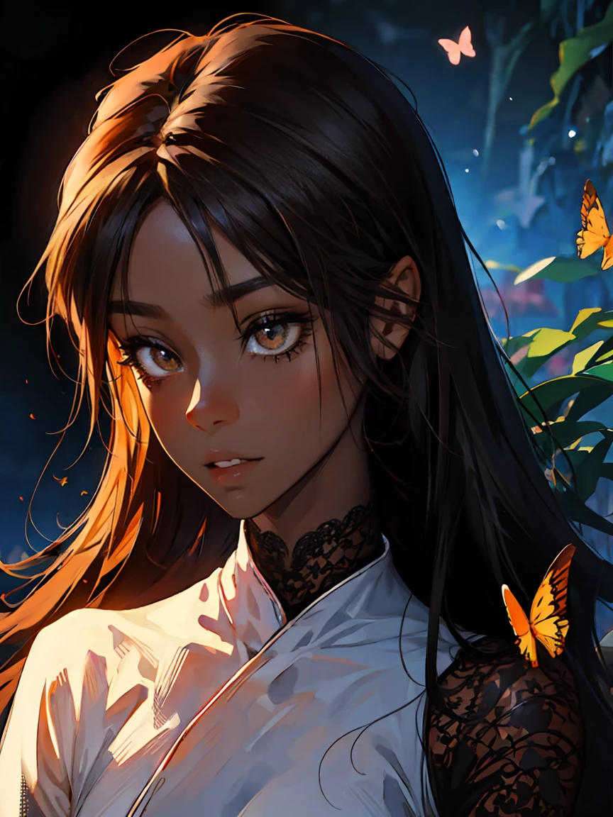 Dark-skin Gorgeous black woman with cinnamon skin with butterflies , bright colors, vivid, intricate,Ultra HD picture quality masterpiece, wlop, Stanley Artgerm character design, watercolor art, "(best quality,ultra-detailed),Ebony skin,Ebony skinned female:1.1,beautiful detailed brown eyes, beautiful detailed lips, African art, chocolate skin color, dark skin, dark skinned, ebony nose, matte illustration