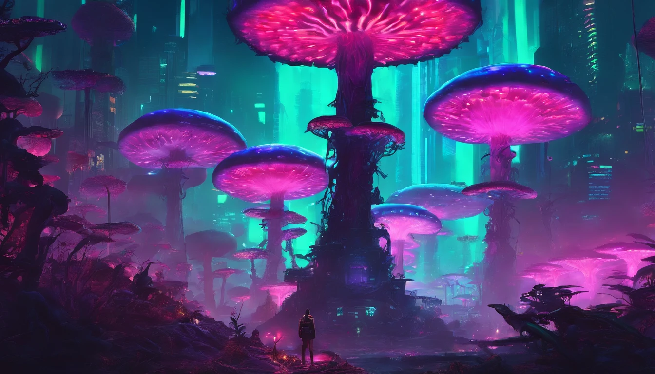 (masterpiece, best quality), a scenery of giant bioluminescent mushroom forest, legendary, vibrant, enchanting, peaceful