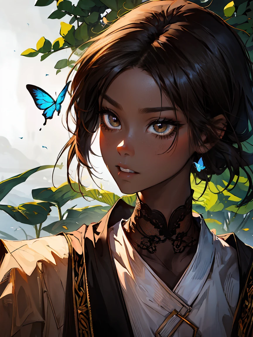 Dark-skin Gorgeous black woman with cinnamon skin in a butterfly grove, bright colors, vivid, intricate,Ultra HD picture quality masterpiece, wlop, Stanley Artgerm character design, watercolor art, "(best quality,ultra-detailed),Ebony skin,Ebony skinned female:1.1,beautiful detailed brown eyes, beautiful detailed pouty lips, African art, chocolate skin color, dark skin, dark skinned, ebony nose, matte illustration, whimsical