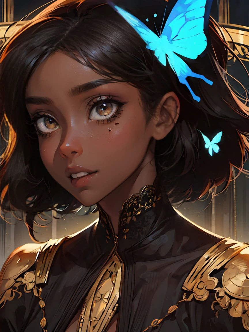 Dark-skin Gorgeous black woman with cinnamon skin in a butterfly grove, bright colors, vivid, intricate,Ultra HD picture quality masterpiece, wlop, Stanley Artgerm character design, watercolor art, "(best quality,ultra-detailed),Ebony skin,Ebony skinned female:1.1,beautiful detailed brown eyes, beautiful detailed pouty lips, African art, chocolate skin color, dark skin, dark skinned, ebony nose, matte illustration, whimsical