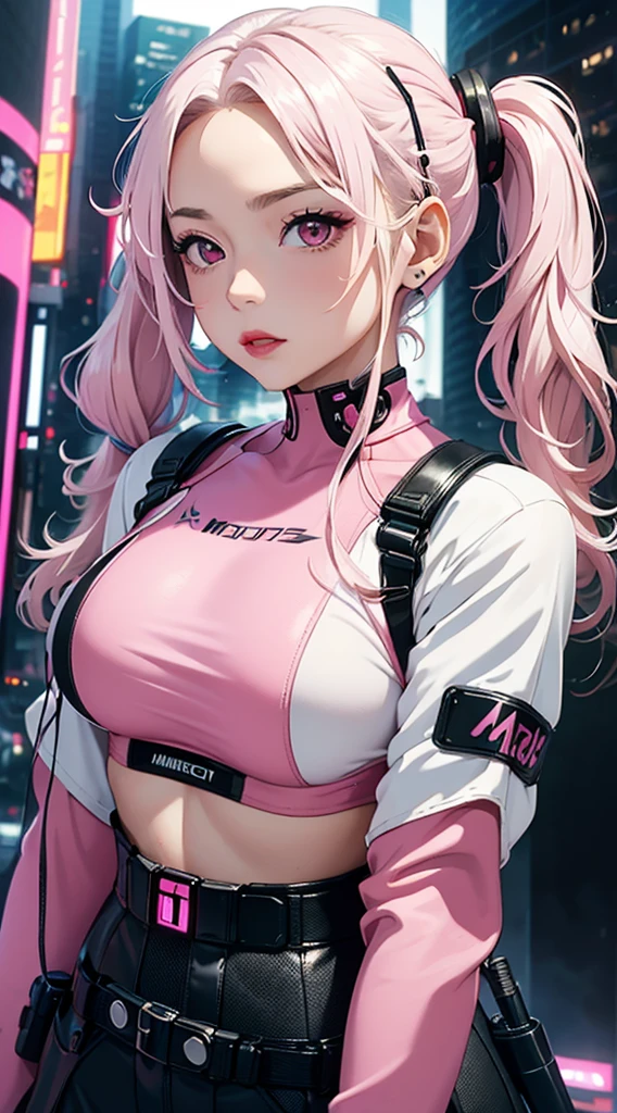 Masterpiece, ultra high quality, absurdres, solo, 1girl, white hair, long hair, pigtails, pink eyes,  pink lipstick , shy, upper body, pink bodysuit, mecha, cyberpunk , big breasts, full bodysuit