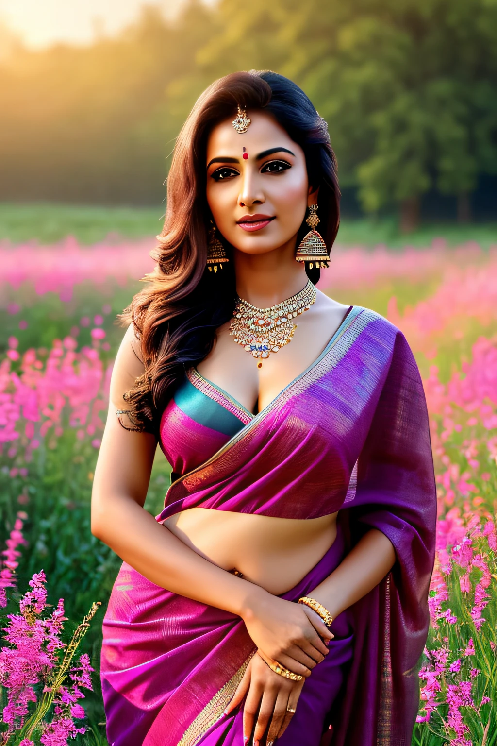 Anusha in a purple sari posing in a field - SeaArt AI