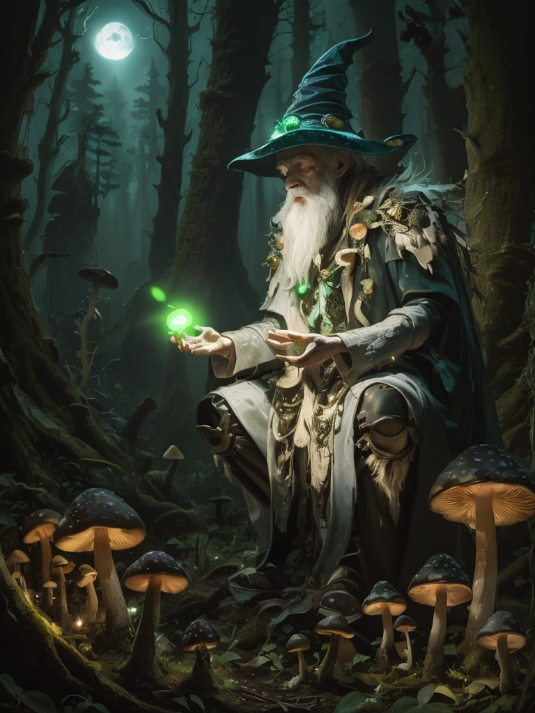 (eerily glowing mushrooms),mushrooms glow,(An old wizard praying in front of a mushroom),More about the well-worn wizard&#39;Costumes,mysterious owl,magic wand made of wood,moonlight,Deep in the forest,The dim,spooky forest,skeletal corpse lying on the ground,photospore,Horrible,​masterpiece,8K,miaobishenghua