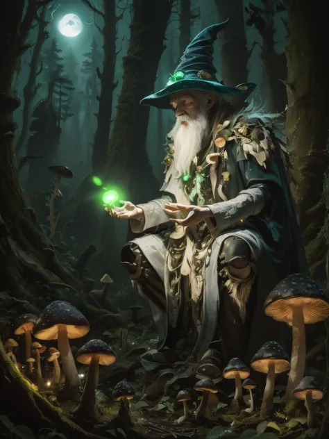 (eerily glowing mushrooms),mushrooms glow,(An old wizard praying in front of a mushroom),More about the well-worn wizard&#39;Cos...