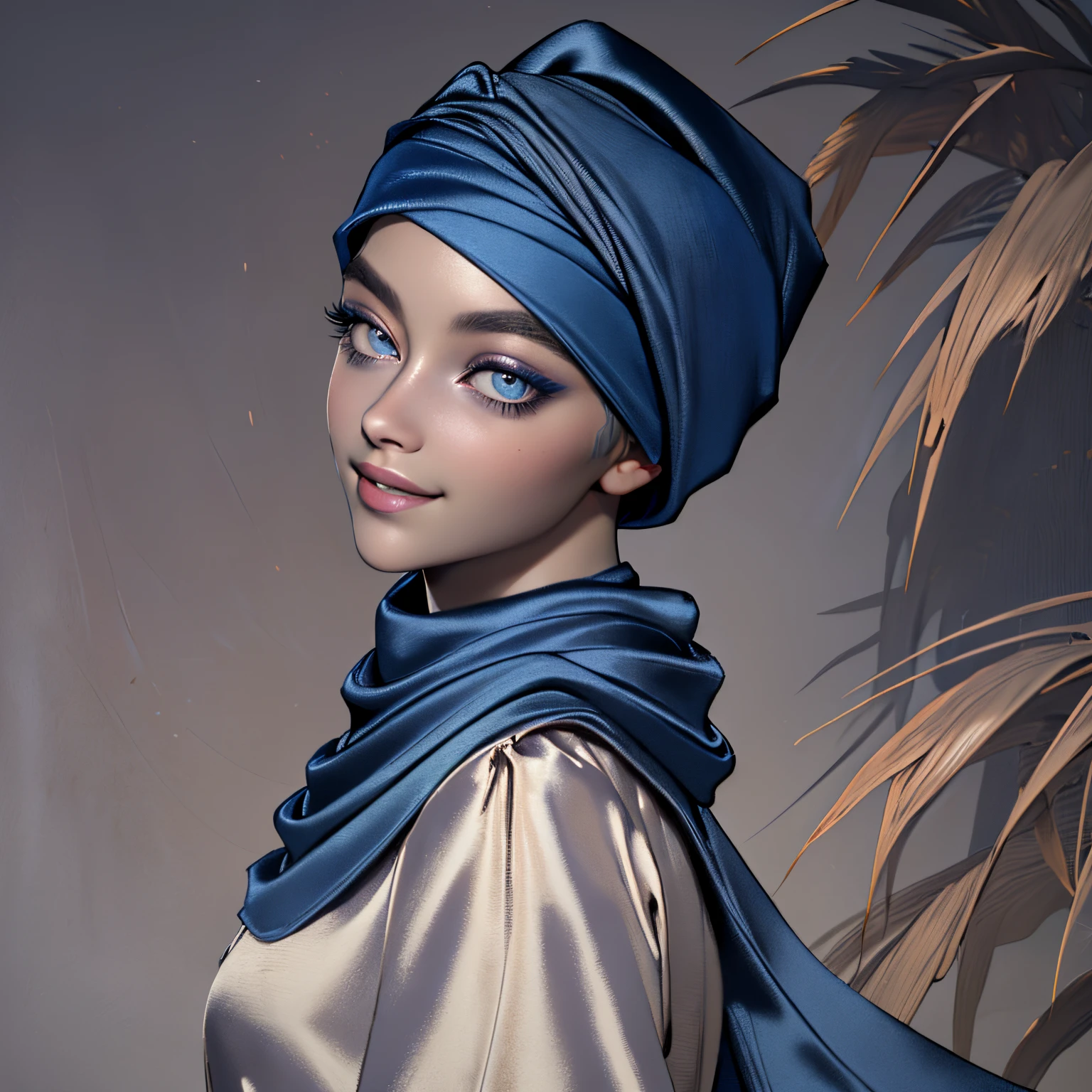 (Masterpiece, realistic, best quality, best lighting, 1 girl photo solo, beautifully makeup, eyeshadow, Parted Lips, Detailed Eyes, beautiful big eyes, long eye lashes, smile, wearing ((Dark blue satin headscarf)), loosely tide hijab style, ((Taupe satin shirt)), satin long skirt, walking on trails