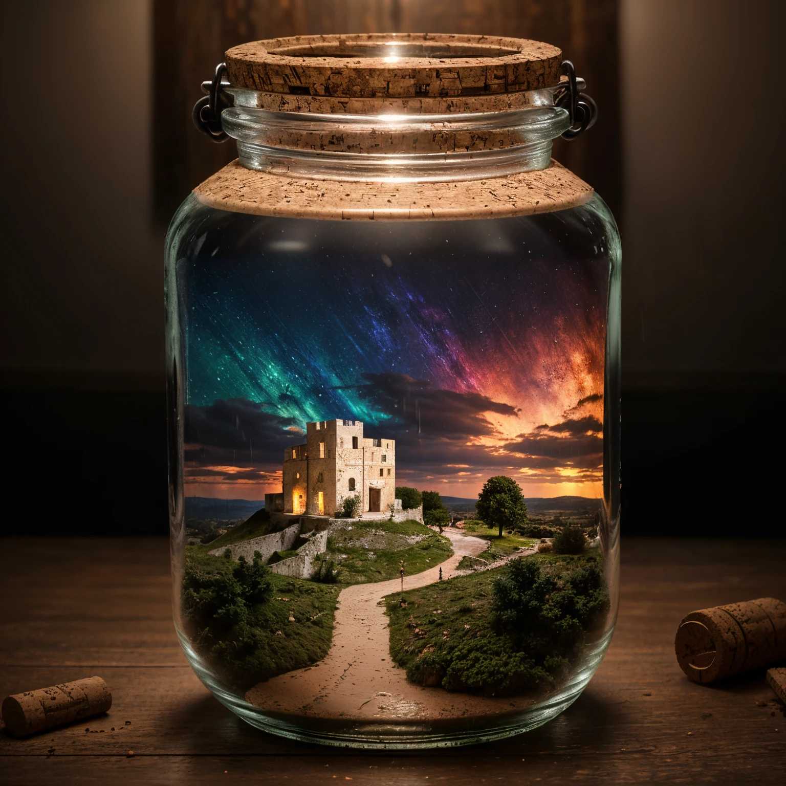 (An intricate minitown Matera landscape trapped in a jar with cork), atmospheric greenish lighting, Realism, film grain, super detail, on a white desk, it's raining inside the jar. 4k UHD, dark vibes, hyper detailed, vibrant colors reddish sky background, epic composition, octane render, sharp focus, high resolution isometric, closeup view.