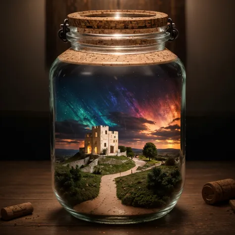 (An intricate minitown Matera landscape trapped in a jar with cork), atmospheric greenish lighting, Realism, film grain, super d...