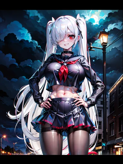masterpiece, best quality, extremely detailed, 1girl, solo, anachirox, (huge breasts:1.1), (((white hair, twintails, very long hair, hair over one eye, red eyes, slit pupils))), parted lips, (((seifuku, red sailor collar, long sleeves, crop top, navel, bla...