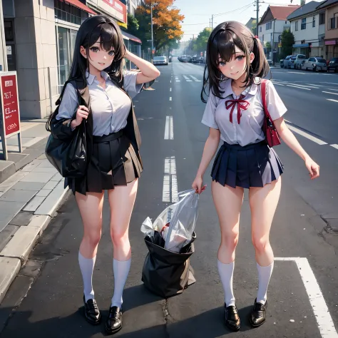 two beautiful students picking up trash、in the street、 a smile 、woman with garbage bag、bend down、full body focus、student clothes...