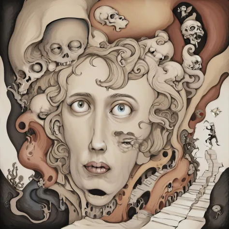 A painting of a woman with many skulls on her head, pop surrealism lowbrow art style, Lowbrow Pop Surrealism, lowbrow surreal, P...