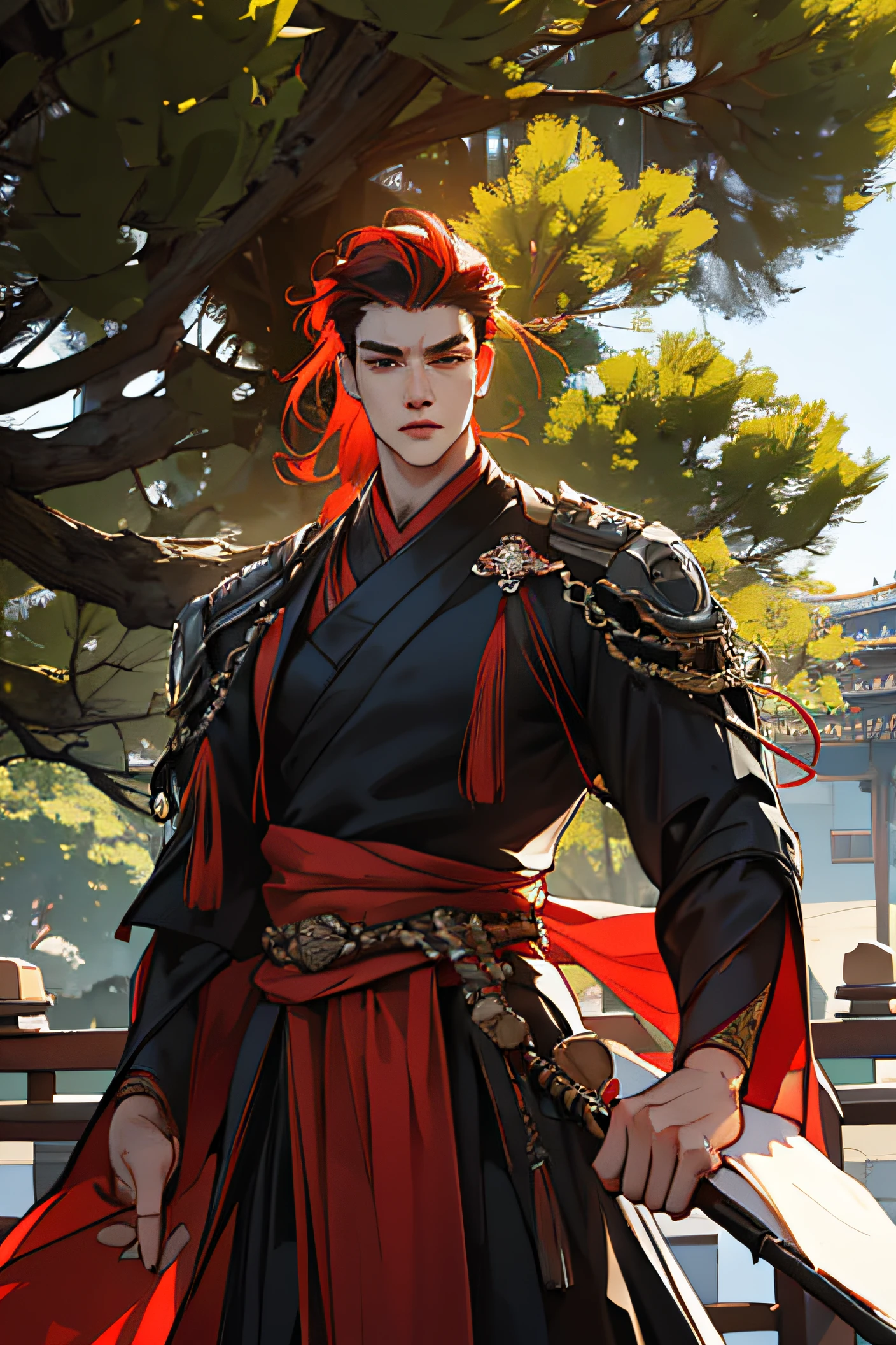 tall young man, Sturdy physique, short tail, Vermilion hair, Red freckles, kblack eyes, frown, thin lips, wide shoulders, black clothing, imperial clothing, Chinese garden in the background, Sequoia.