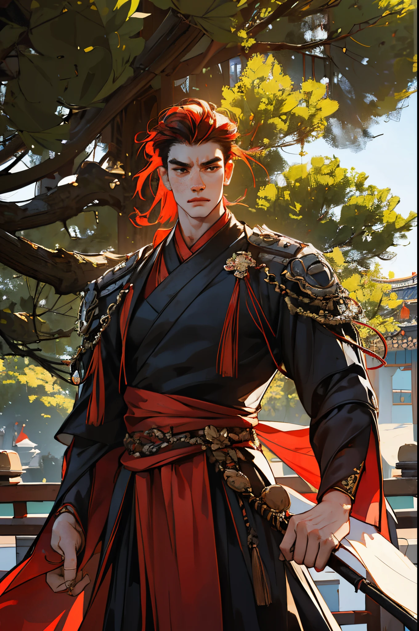 tall young man, Sturdy physique, short tail, Vermilion hair, Red freckles, kblack eyes, Straight eyes, frown, thin lips, wide shoulders, black clothing, imperial clothing, Chinese garden in the background, Sequoia, autumn