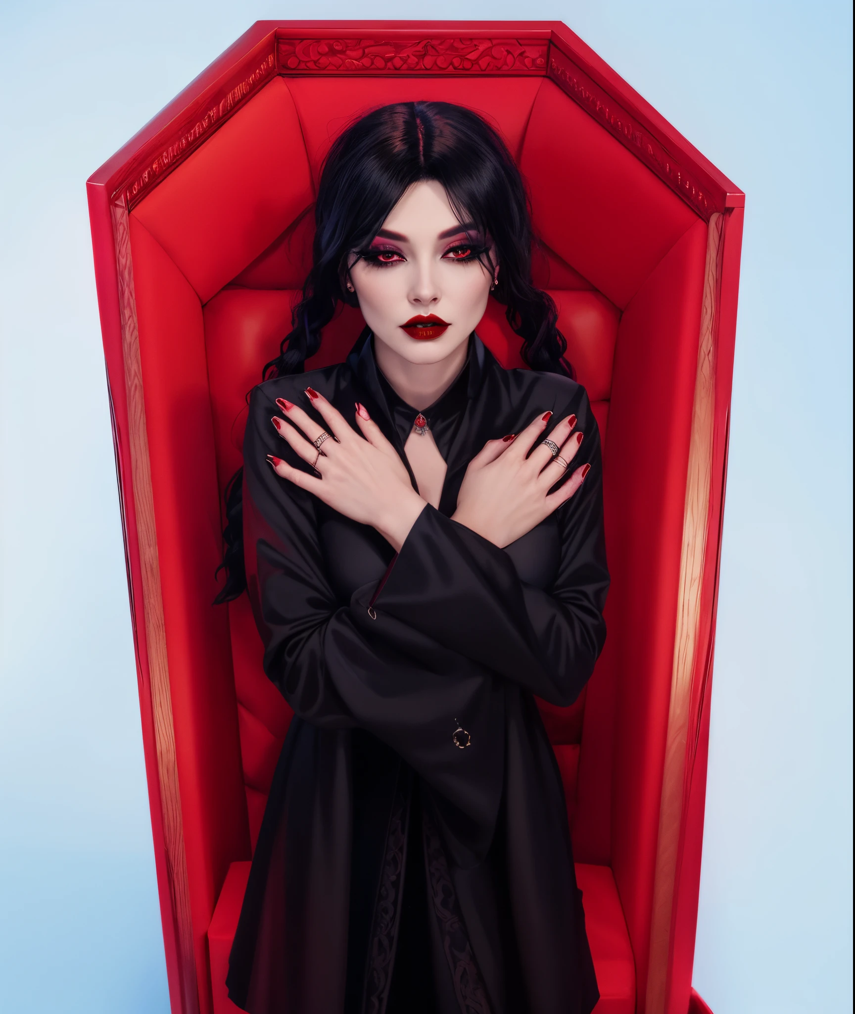 Há uma mulher num caixão vermelho com as mãos no peito, deitado em um trono em uma terra de fantasia, funeral, mulher vampira, vampiro andrógino, modelo de moda sombrio olhando para cima, caixão, carmilla vampira, estrela matadora, retrato de uma senhora vampira, Mortícia Addams, vilã tem asas de anjo negro, promo image, mulher com vestes pretas