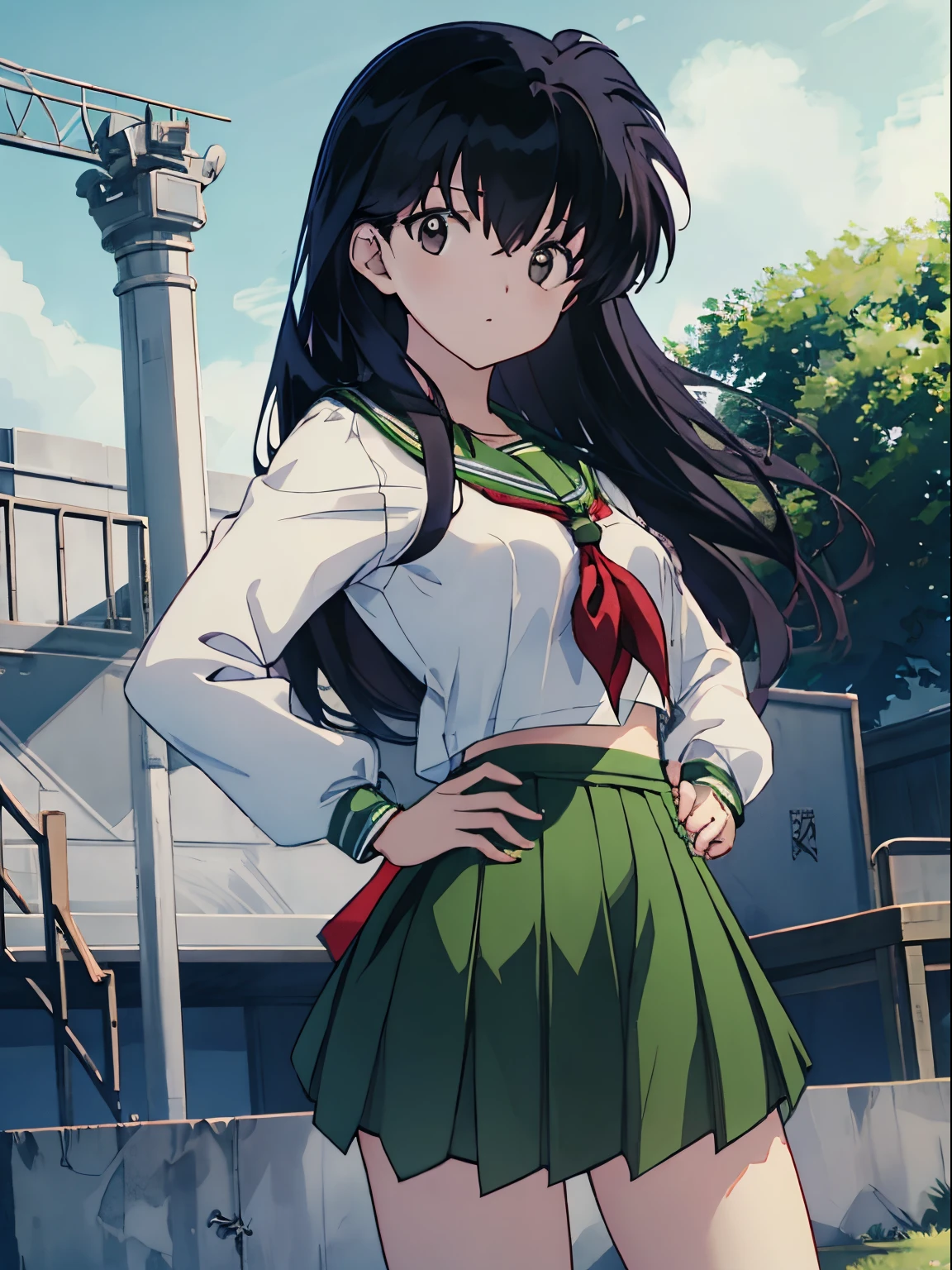 dusk in the park、Anime teenage girl with black hair and black eyes, Over all、Kagome Higurashi、Hands on the hips、length hair、small tits,Long skirt、Wearing a school uniform, The stage is a park,3D images、Highly detailed CG Unity 8k wallpaper, [3D images:1.15],Attractive eyes、校服、White shirt、Green skirt、color green、red neckerchief、[[A detailed eye、Colorful eyes、radiant eyes:1.15]]、Be sure to pay attention to your stomach、Shooting from front、