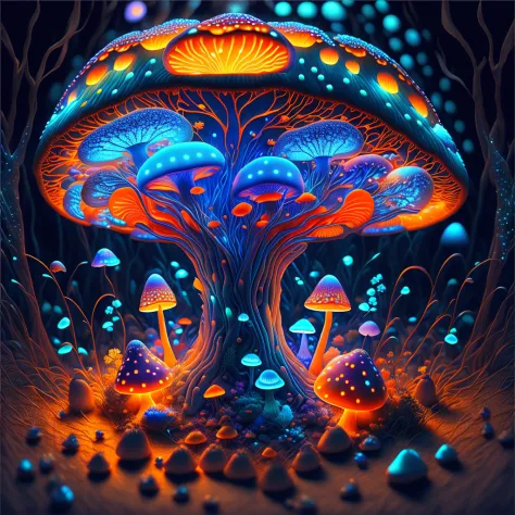 Bioluminescent Mushroom/Glowing mushrooms/luminous mushroom l, monet, blue, orange, grey, ShoeAI (best quality,4k,8k,highres,mas...