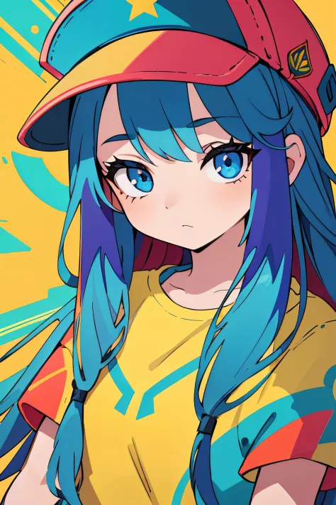 beautiful detailed eyes, attached hair, a cool-looking cap, a girl with long shiny multicolor hair wearing a cap. the lighting i...