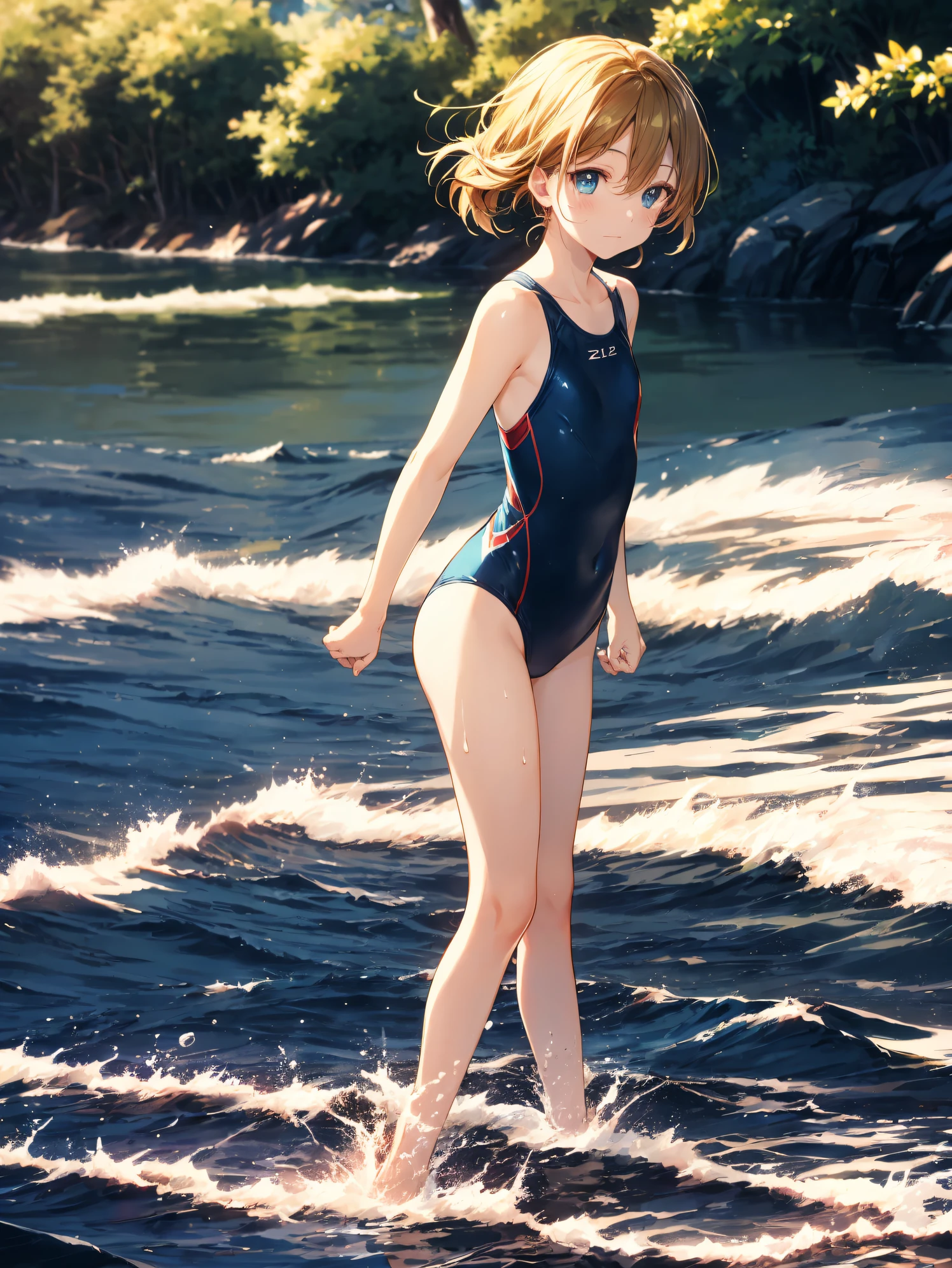 Anime girl in a swim suit walking in the water - SeaArt AI