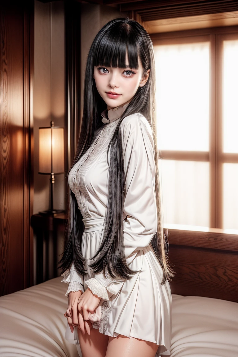 17 age,17 age,,(((Blunt bangs, princess bangs))), (((Very heavy,very voluminous bangs:1.1))),(((Very long, Very heavy,Very voluminous side locks:1.1))),, hime-cut, Hairstyle with straight bangs, Round face with dull bangs, dull with long hair、Bangs are cut straight,(masutepiece, top-quality:1.5), (Ultra detailed 8K cg:1.4), (hyper realisitic:1.25), (Photorealistic:1.25), (Realistic:1.4), Cowboy Shot, (View above:1.35), (1 from the front.4), (smile1.3),
1 beautiful Japanese girl, 1, super model, Japanese Idol, (Smile), Large breasts, sweat skin,
(Maid Dress Costume Uniform:1.1), , , (lying on bed:1.4), (on  back:1.1), (Head on pillow:1.1),
Beds in 5-star hotels,