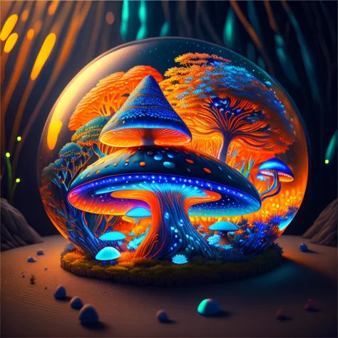 Bioluminescent Mushroom/Glowing mushrooms/luminous mushroom l, monet, blue, orange, grey,(best quality,4k,8k,highres,masterpiece...