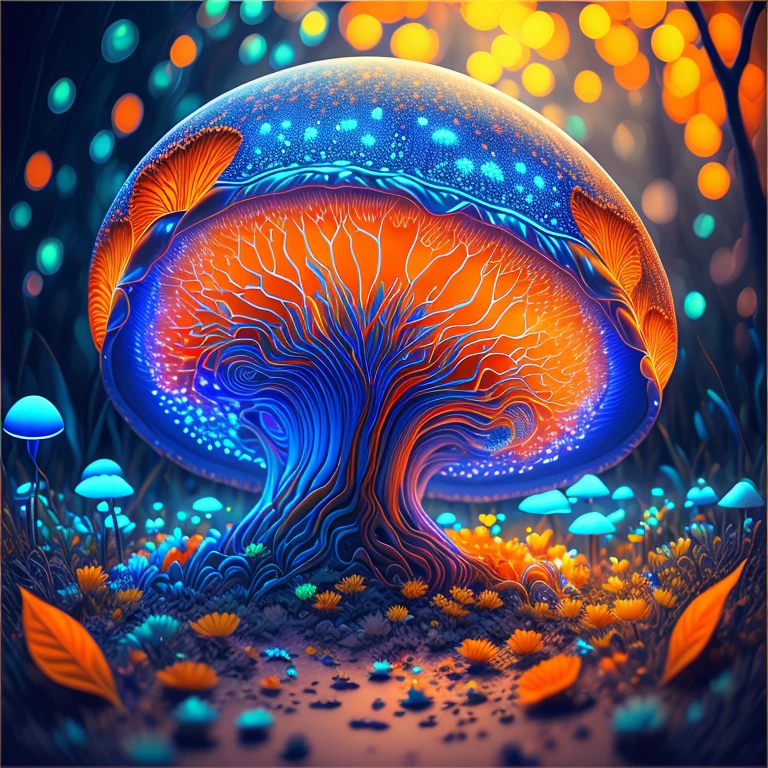 Bioluminescent Mushroom/Glowing mushrooms/luminous mushroom l, monet, blue, orange, grey,(best quality,4k,8k,highres,masterpiece:1.2),ultra-detailed,(realistic,photorealistic,photo-realistic:1.37),HDR,UHD,studio lighting,ultra-fine painting,sharp focus,physically-based rendering,extreme detail description,professional,vivid colors,bokeh,monet,blue,orange,grey,portraits,landscape attention：Original art by Tupu.