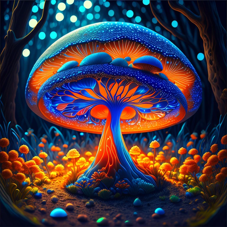 Bioluminescent Mushroom/Glowing mushrooms/luminous mushroom l, monet, blue, orange, grey,(best quality,4k,8k,highres,masterpiece:1.2),ultra-detailed,(realistic,photorealistic,photo-realistic:1.37),HDR,UHD,studio lighting,ultra-fine painting,sharp focus,physically-based rendering,extreme detail description,professional,vivid colors,bokeh,monet,blue,orange,grey,portraits,landscape attention：Original art by Tupu.
