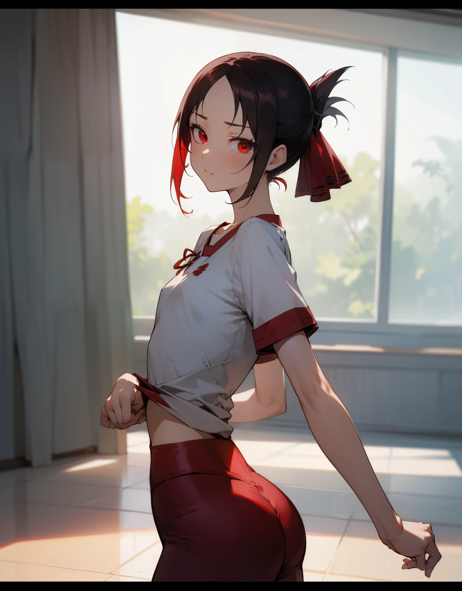 Kaguyasinomiya, kaguya shinomiya, folded ponytail, forehead, hair ribbon, (red eyes:1.5), red ribbon, band, Short hair, side locks, (little chest:1.2), gym uniform, Short top, legging, BREAK looks at the viewer, stands with your back to the viewer, seen from behind, Ass, shows the, BREAKTHROUGH in the room, ClAssroom, BREAK (Masterpiece:1.2), Best Quality, High Resolution, Unity 8k Wallpaper, (illustartion:0.8), (beautiful detail eyes:1.6), extremely detailed face, perfect  lighting, extremely detailed CGI, (perfect arms, perfect anatomy),