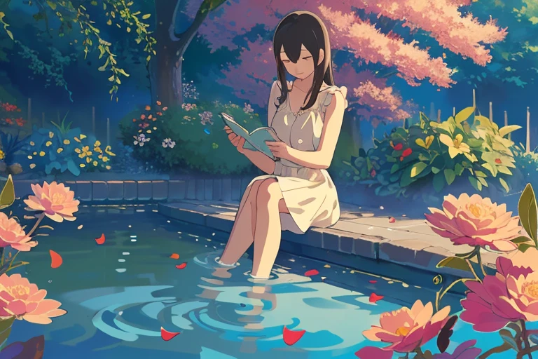(masterpiece:1.2), best quality,PIXIV, The Garden of Words, girl floating on pond, eyes closed, flower petals on the water, colorful fish, peaceful ambience