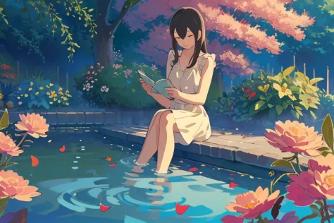 (masterpiece:1.2), best quality,PIXIV, The Garden of Words, girl floating on pond, eyes closed, flower petals on the water, colo...