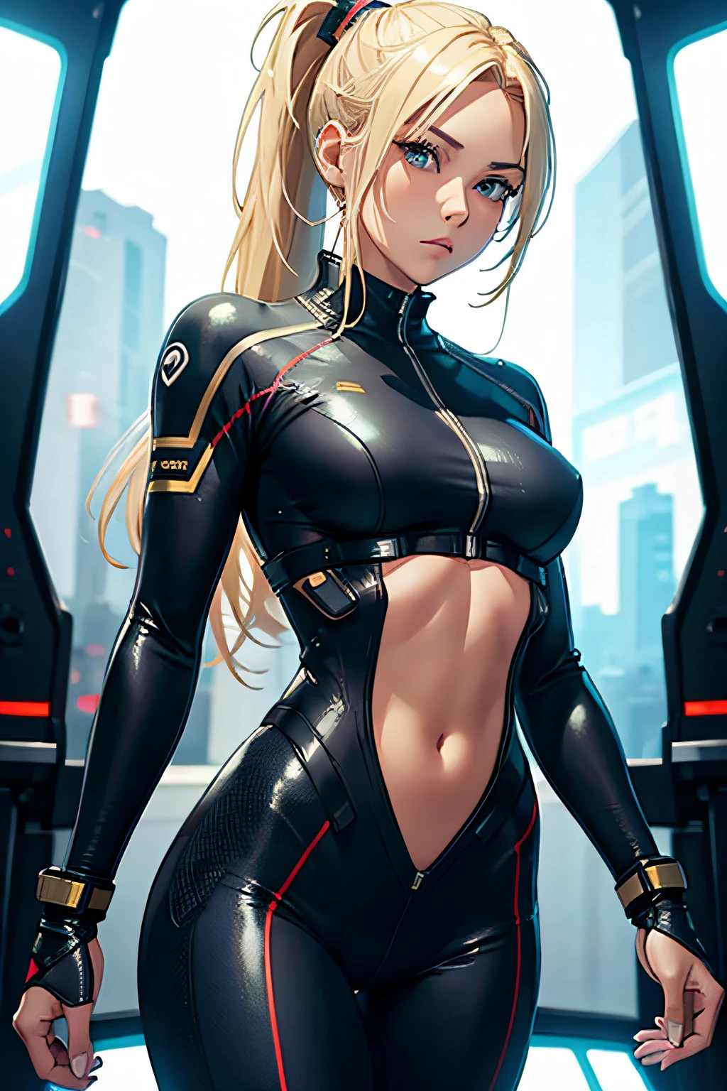 woman, blonde hair, tied hair, ponytail hair, small boobs, trained body, futuristic skintight suit, military suit, 4k, high quality