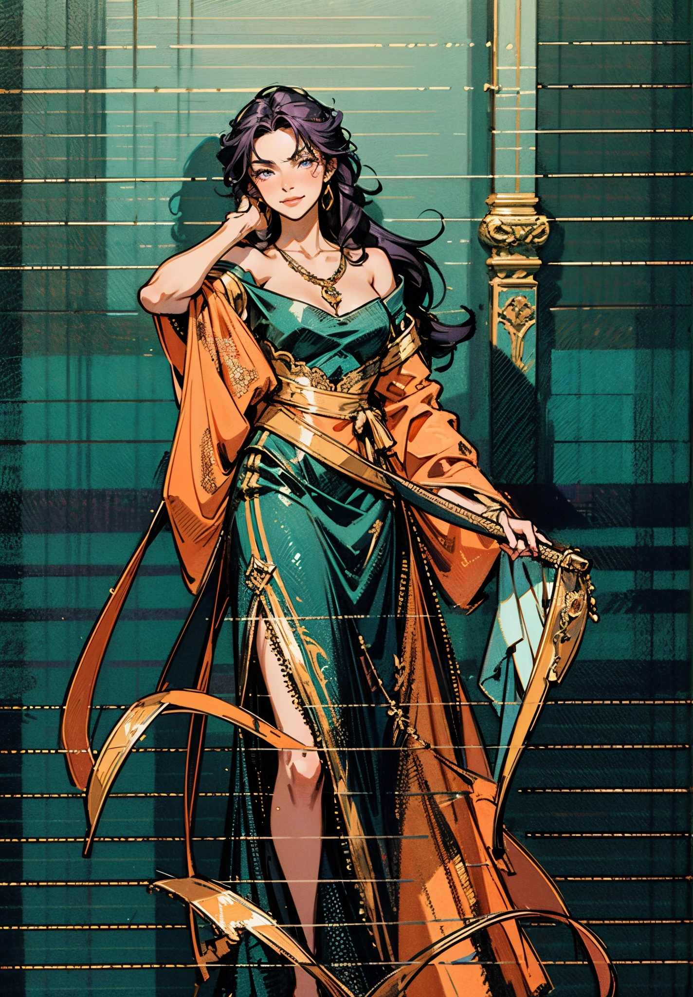 A mature woman, medium-length black-purple hair, curly bangs, sly eyes, a playful smile, an elegant and wise demeanor, a simple fantasy martial arts-style orange two-piece dress with a long skirt, wide sleeves, a flowing hem, Gracefully strolling in an ancient building towering among the mountains, this character embodies a finely crafted fantasy martial arts-style female warrior in anime style, exquisite and mature manga art style, high definition, best quality, highres, ultra-detailed, ultra-fine painting, extremely delicate, professional, anatomically correct, symmetrical face, extremely detailed eyes and face, high quality eyes, creativity, RAW photo, UHD, 8k, Natural light, cinematic lighting, masterpiece-anatomy-perfect, masterpiece:1.5