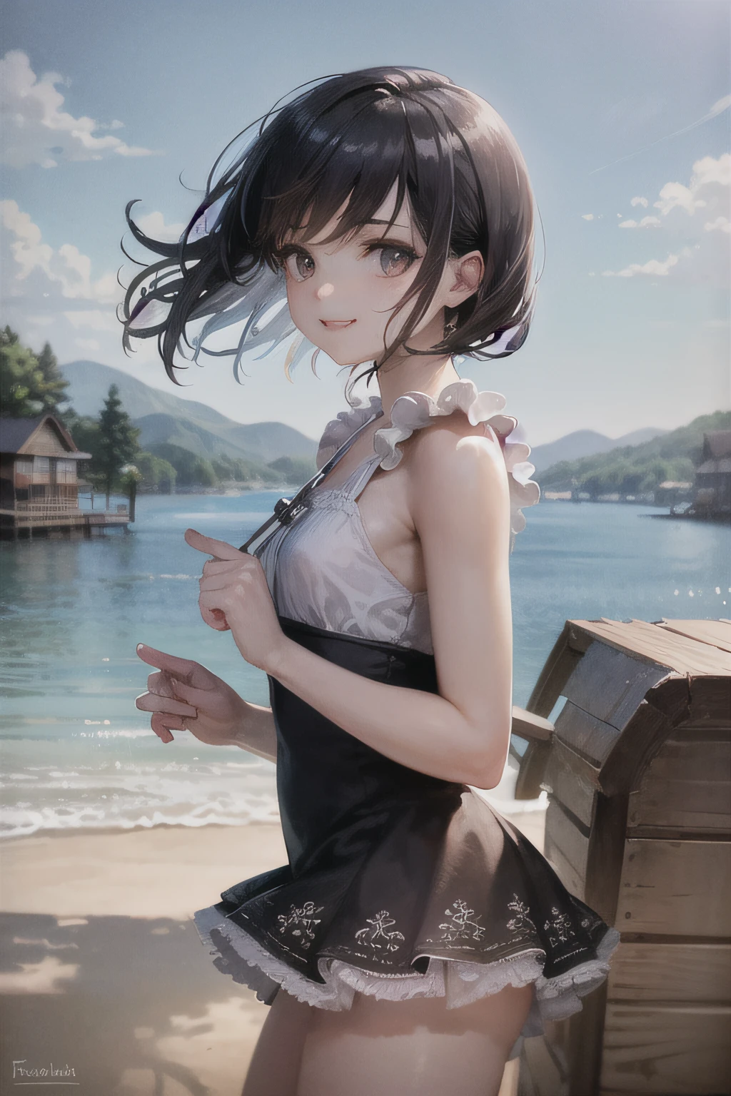 very cute and beautiful young woman,white sundress with small ruffles,(very detailed beautiful face and eyes:1.2),
Smile,Black hair,(Cowboy Shot),Detailed legs,stylish pose,From Side,
Summer Beach,brown wooden floating cottage,(Best Quality,masutepiece:1.2),Intricate details,
Solo,hight resolution,Cinematic lighting,Hair fluttering in the wind,Beautiful detailed sky,