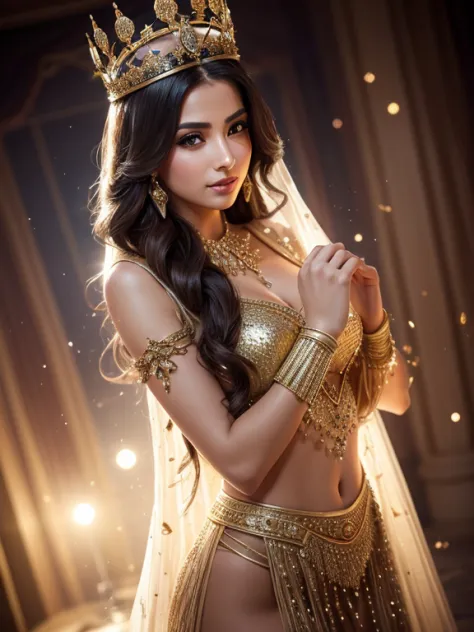 ((film grain, bokeh, light particle ,dust, extreme camera angles)), woman posing in transparent costume and crown, a beautiful f...